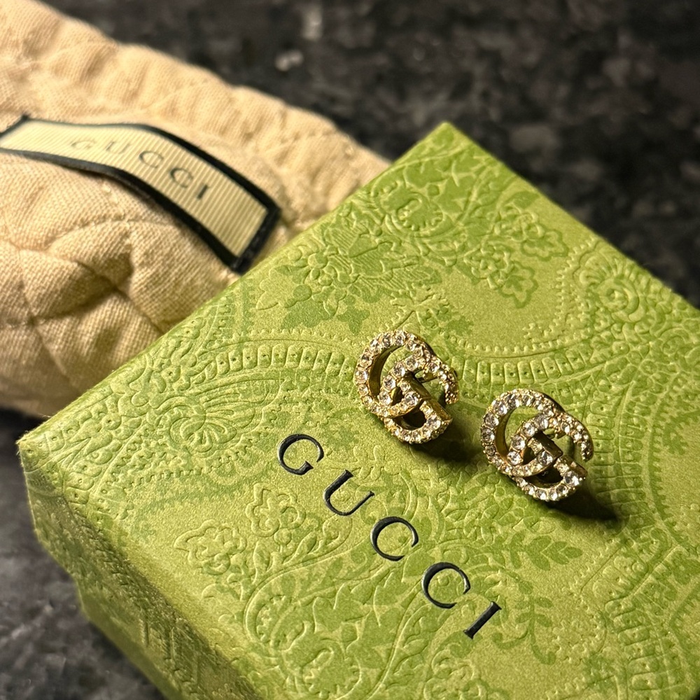 Authentic Gucci Crystal Double G Stud Earrings in Gold Tone